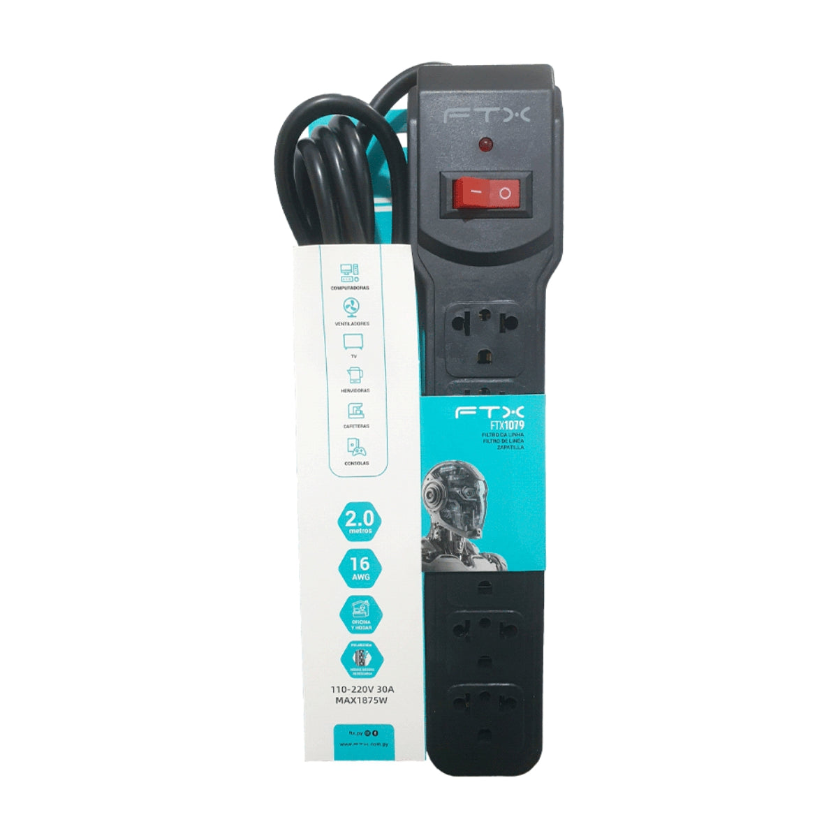 FILTRO DE LINEA FTX1079 DE 6 TOMAS NEMA EUR 110/220V